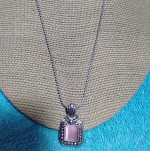 Elegant Pink Cat Eye Stone Silvertone Pendant Necklace vintage intricate detail
